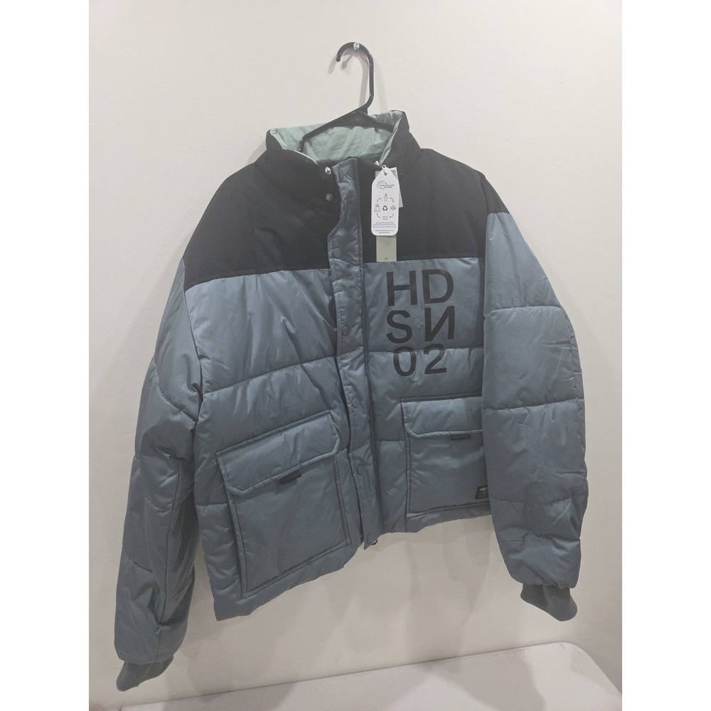 NWT Mens Hudson Blue-Gray Black Puffer Jacket Sz L Full Zip Boxy